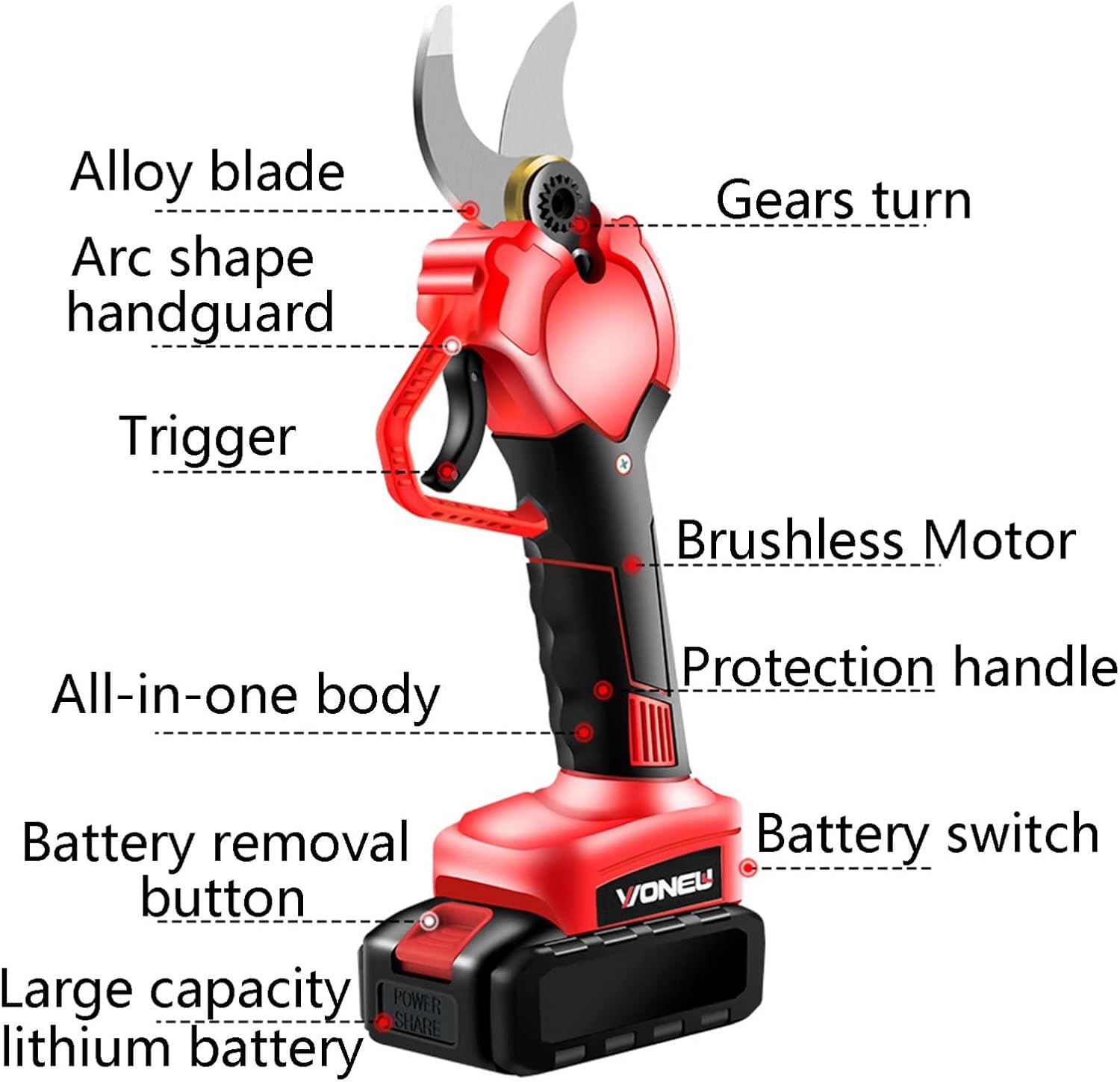 Electric Pruning Shears, Tungsten Steel Blade 40Mm Cutting Diameter, 1/2 Rechargeable Battery Lightweight Professional Cordless Garden Trimmer