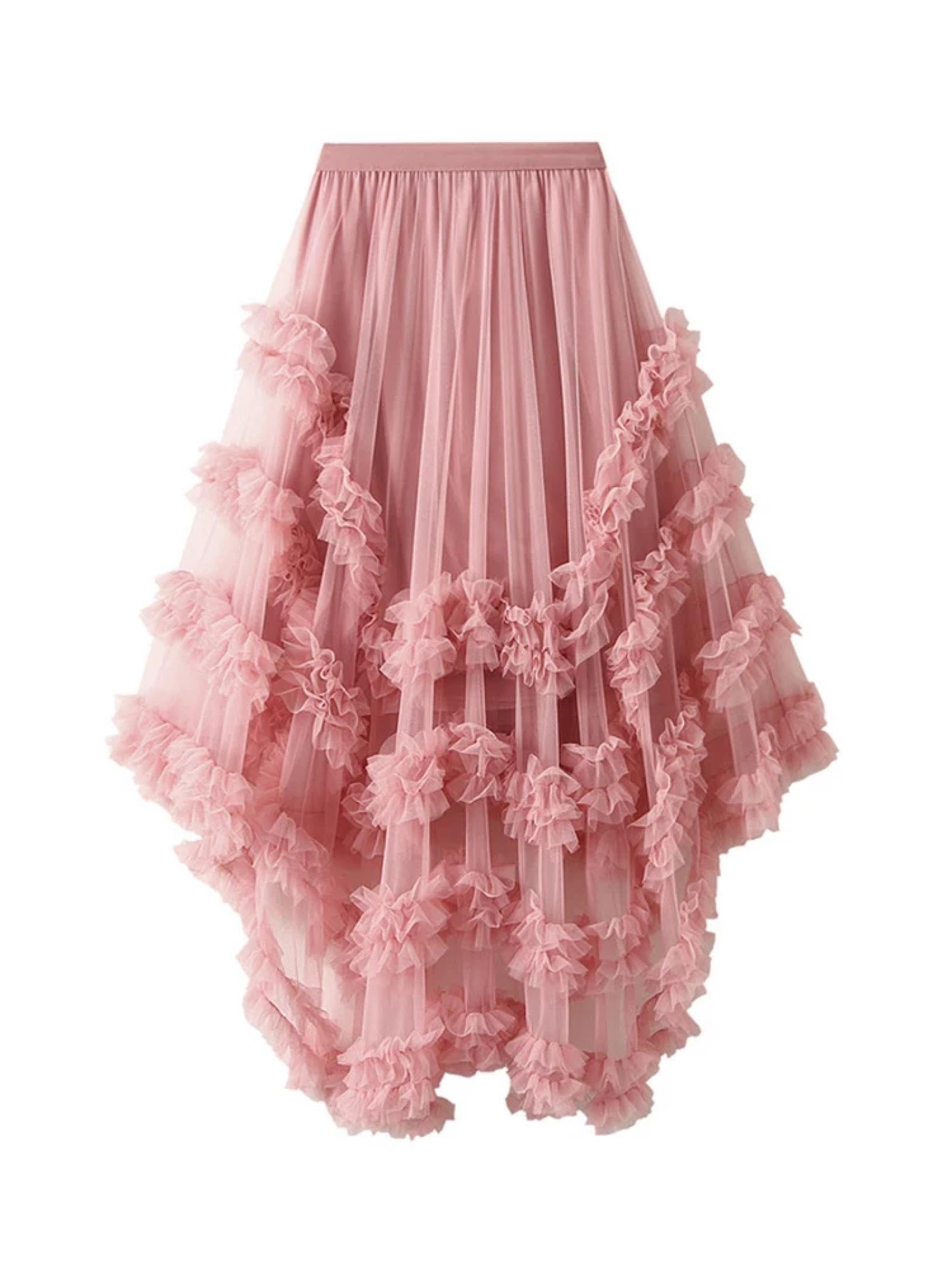 Faldas De Tubo Mujer Mujeres Dulce Capas Volantes con Gradas Falda Larga Color Caramelo Elástico De Alta Cintura Asimétrica Malla Faldas