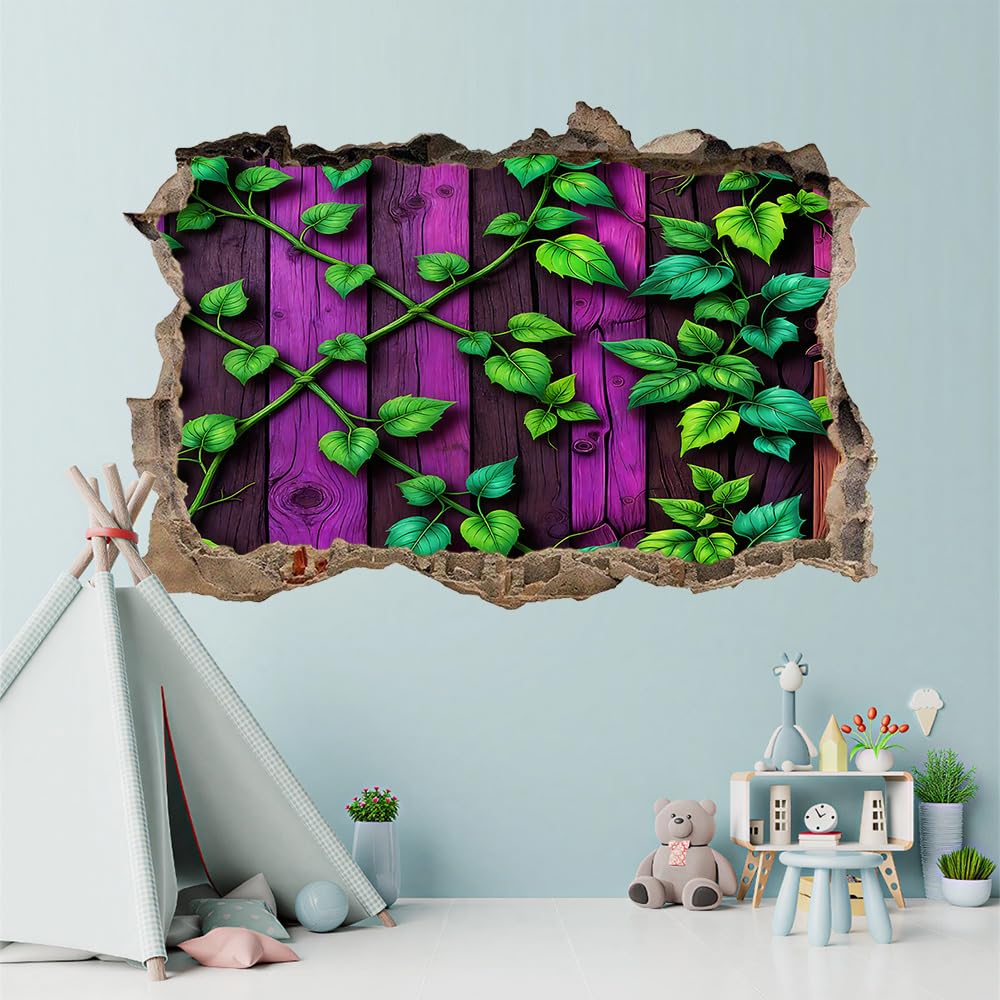 3D Wandtattoos Durchbruch Wandbild Grüne Ranken Kinderzimmer Aufkleber Wandaufkleber Lila Streifen Wandsticker für Kinderzimmer Junge Zimmer Wohnzimmer Schlafzimmer