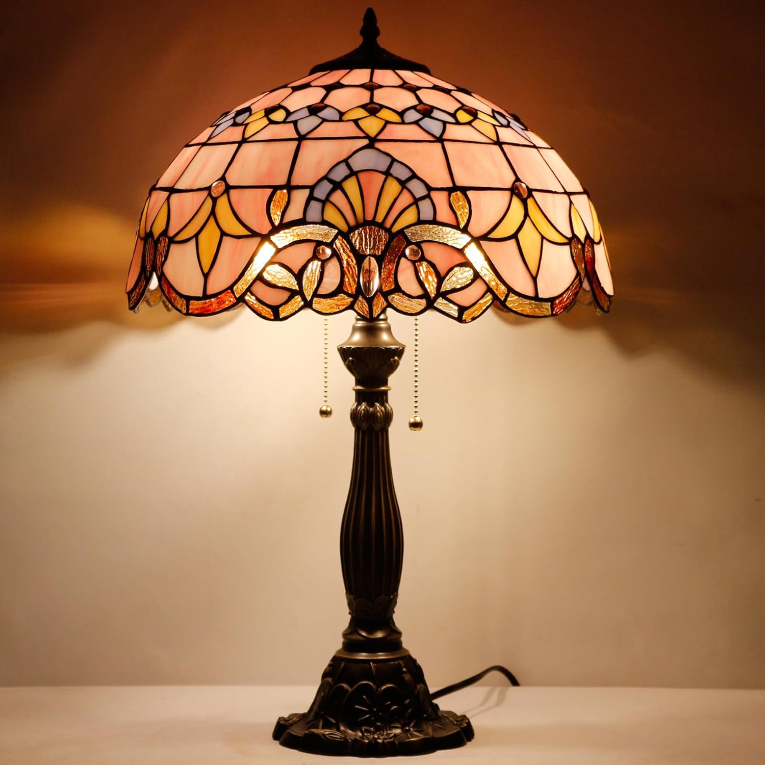 WERFACTORY Tiffany Lamp Pink Stained Glass Baroque Bedside Table Lamp Style Desk Light 16X16X24 Inches Decor Bedroom Living Room Home Office S003P Series