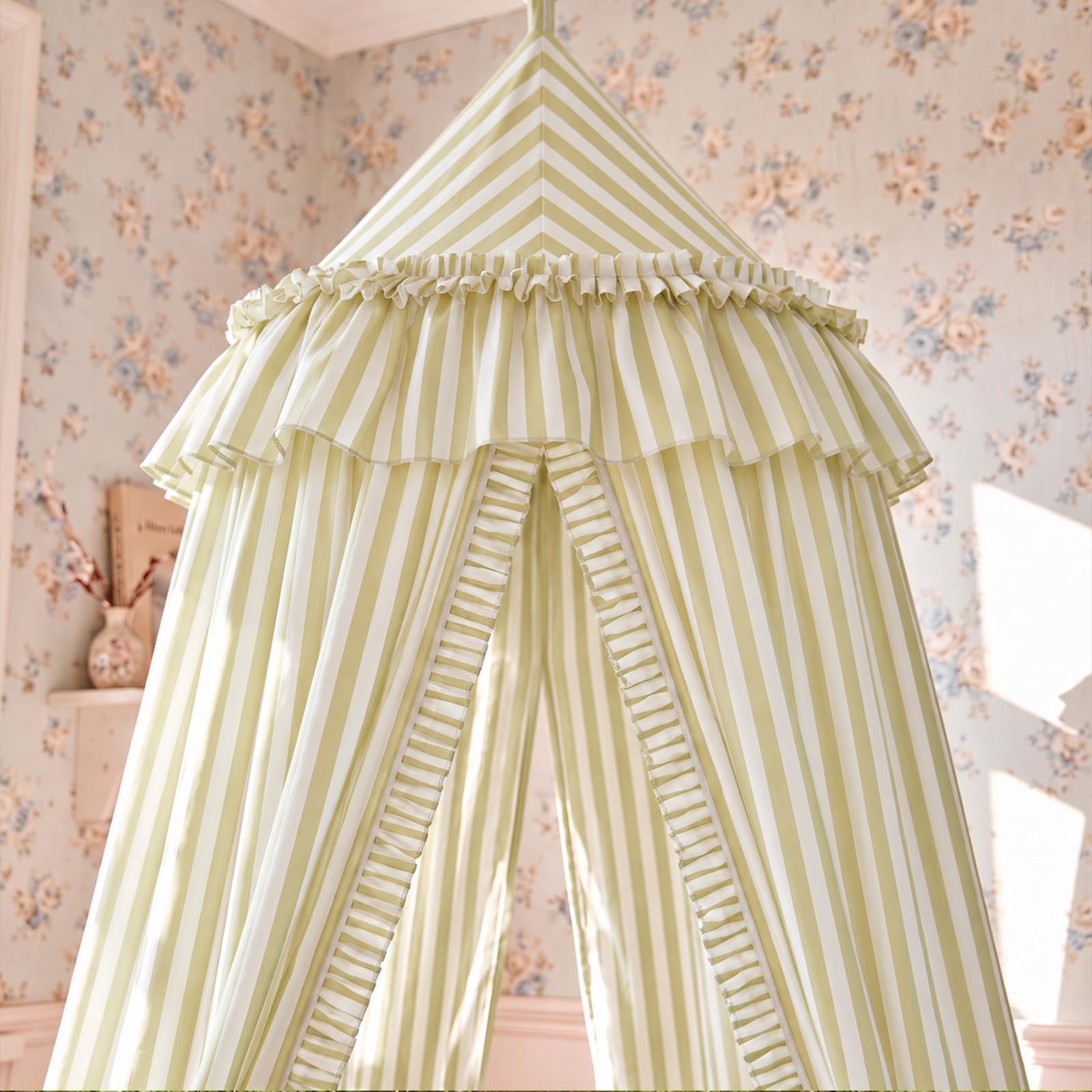 SmoothNovelty Oatmeal Striped Bed Canopy with Ruffles