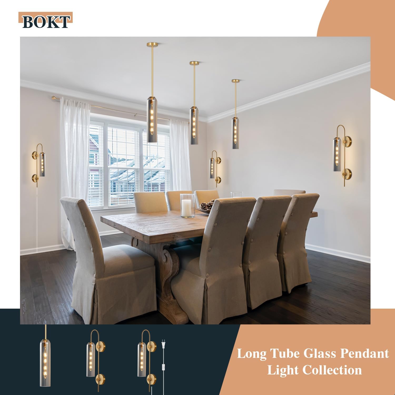 BOKT Modern Glass Pendant Light Nordic Chandelier Light Long Tube Pendant Lamp Mid Century Adjustable Hanging Lighting Kitchen Island Cylinder Ceiling Lights for Dining Living Room (Smoky Gray)