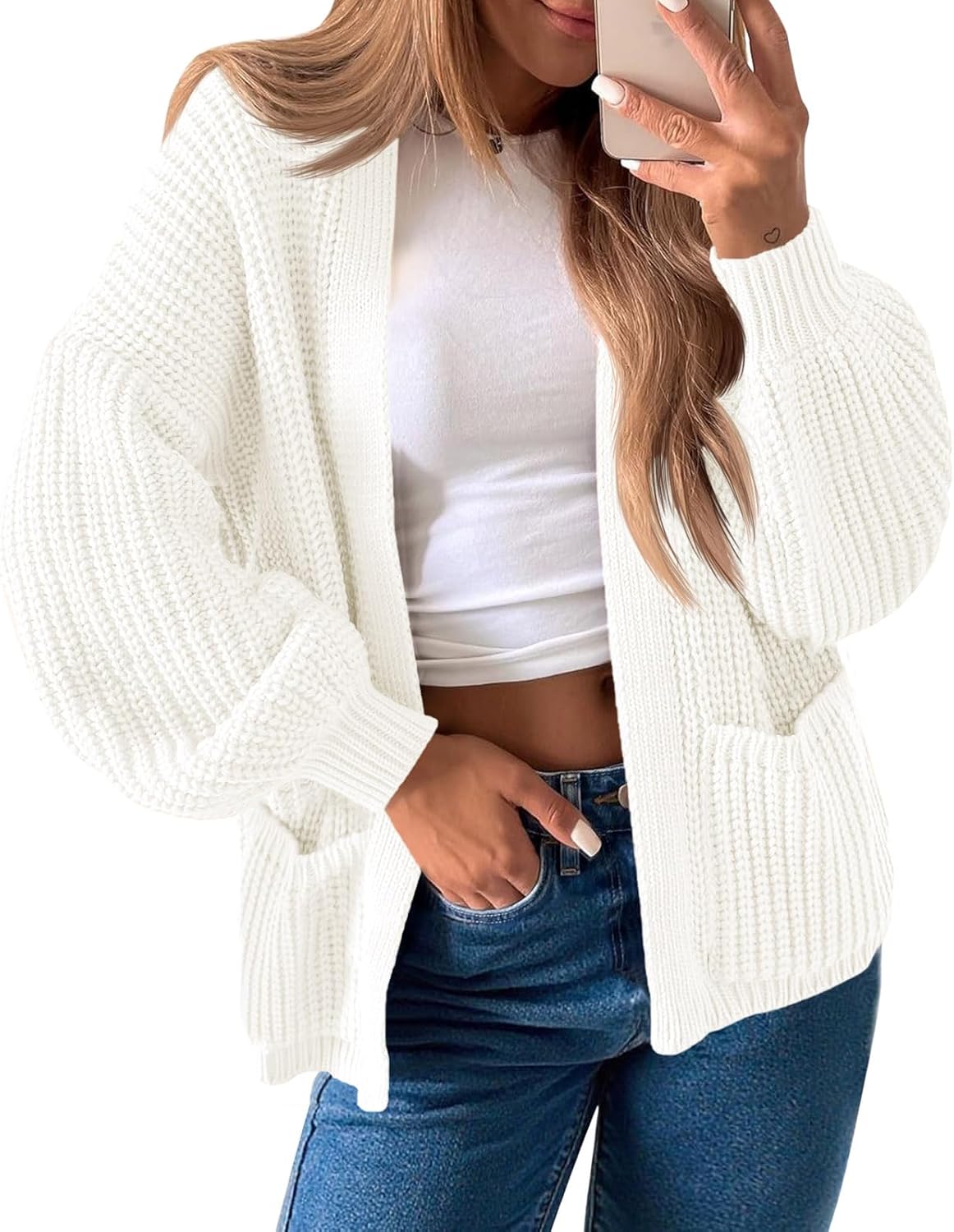 Saodimallsu Womens Oversized Cardigan Ribbed Chunky Knit Long Lantern Sleeve Open Front Fall Sweater Coats