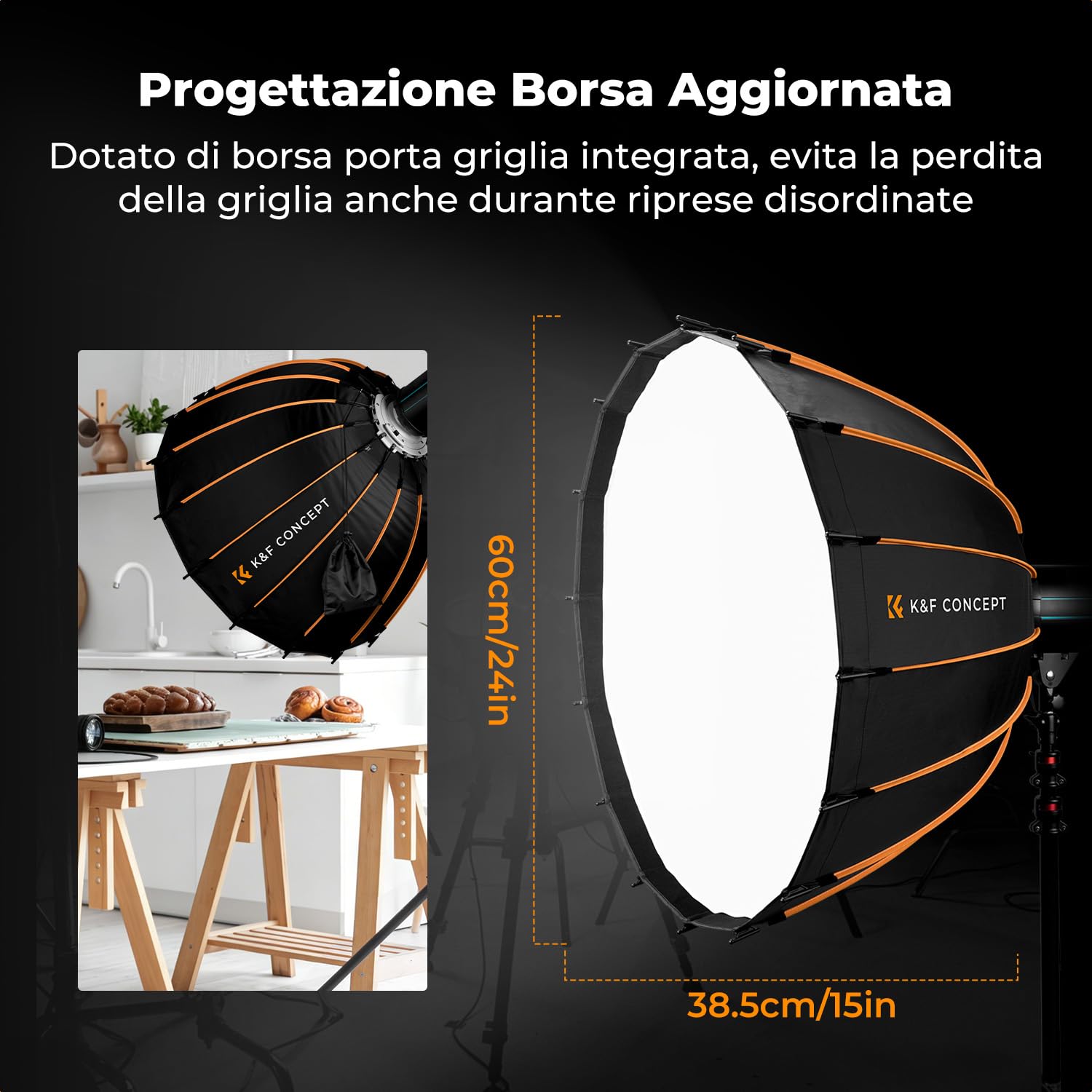 K&F CONCEPT 60cm Sgancio Rapido Softbox+Griglia+Doppio Diffusore+Borsa