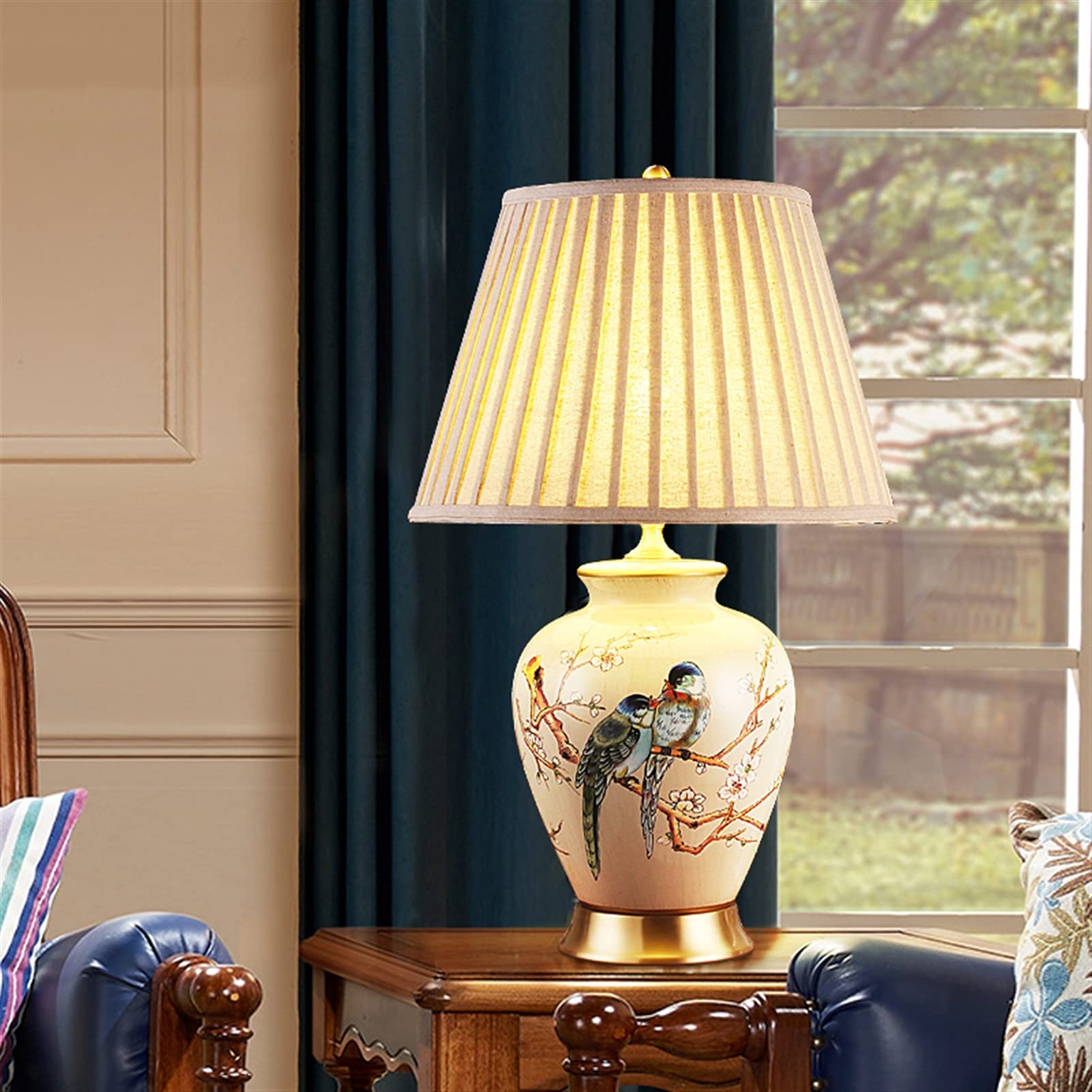 Chińska Dwustronna Lampa Stołowa Z Motywem Kwiatów I Ptaków, Ceramiczna Lampa Stołowa, Plisowany Szary Abażur Z Lnu, Mosiężna Podstawa, Lampka Nocna Do Sypialni, Salon, Sofa, Dekoracja Domu