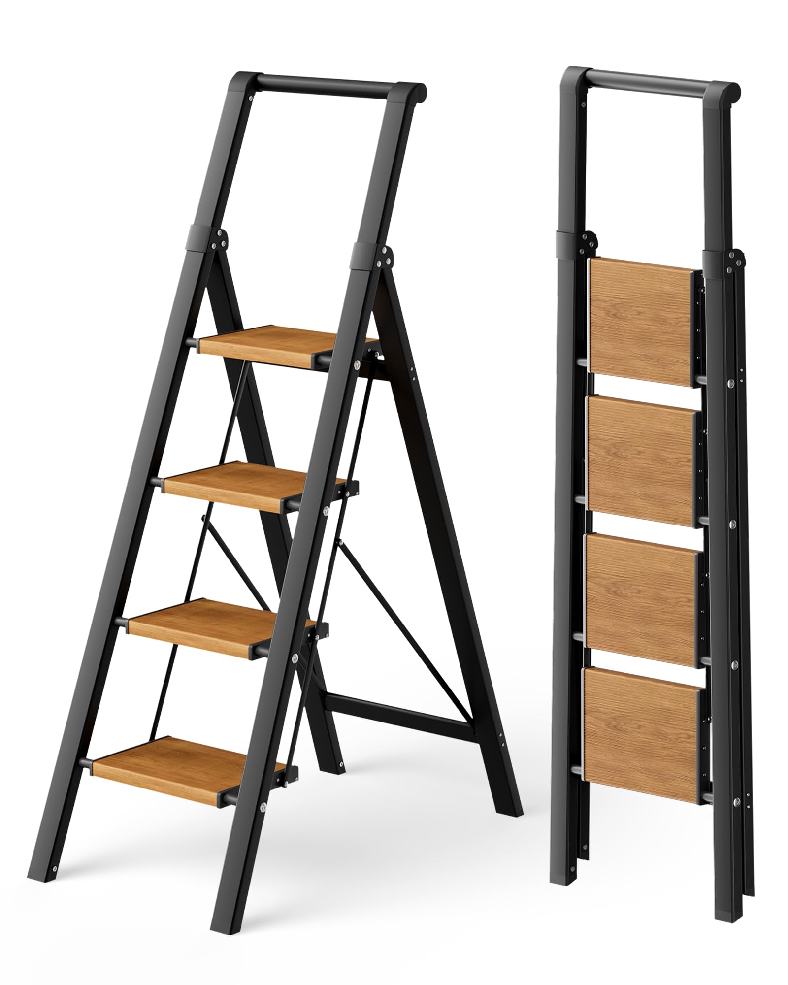 Escalera de 4 peldaños con pasamanos, plegable, capacidad de 150 kg con pedal antideslizante, taburete portátil de aluminio, fácil de guardar, interior y exterior, aspecto estético, madera