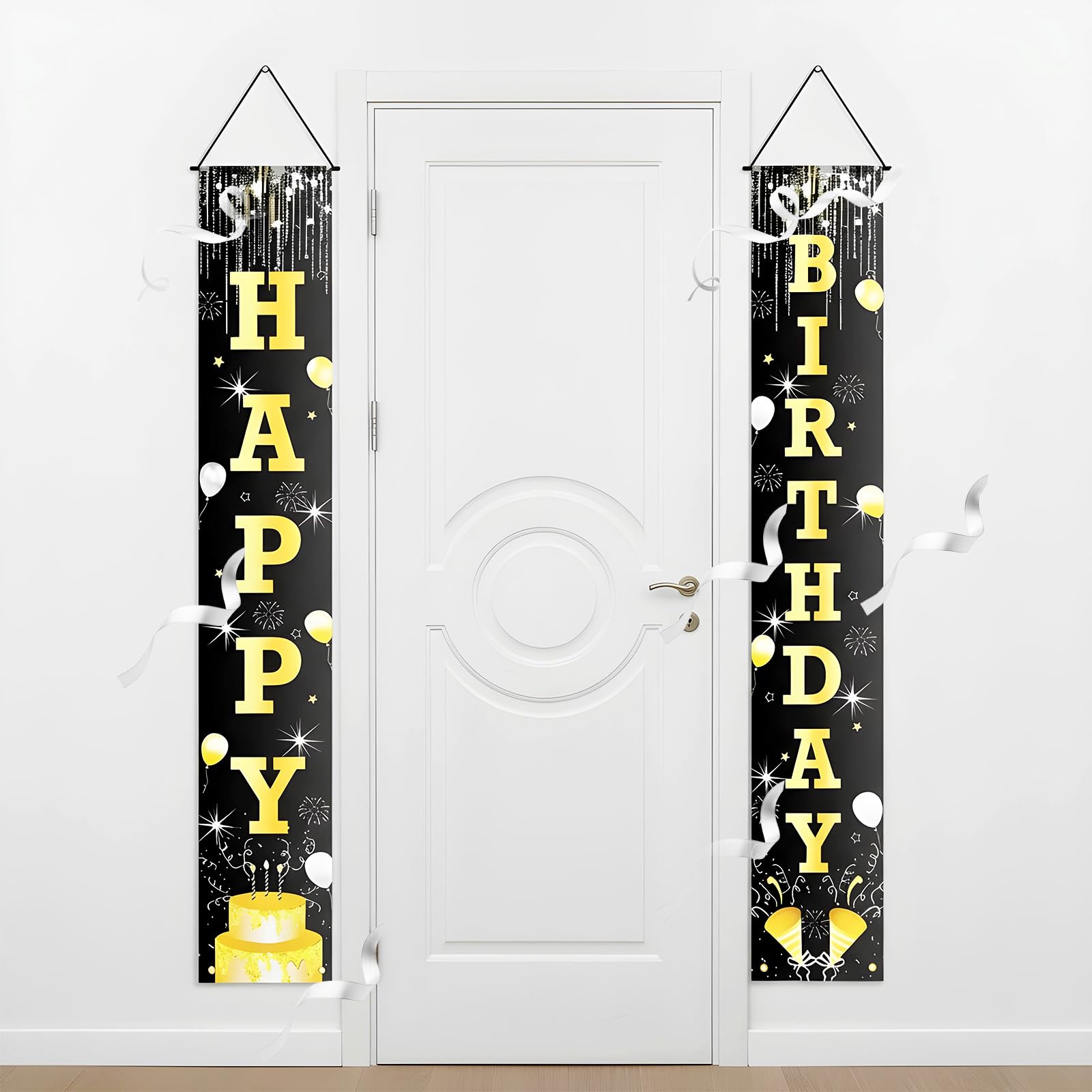 Classicseali Happy Birthday Door Banner,Black & Gold Birthday Door Banner,Happy Birthdays Banners for Doors, for Men Women Decoration Porch Sign Welcome Party Supplies Hanging Background Decoration