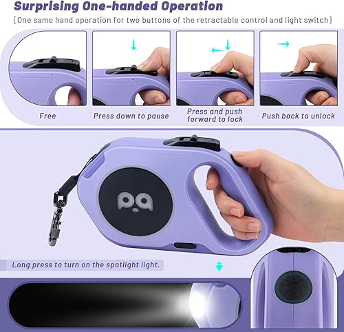 Miniatura 4 de QQPETS Correa retráctil para perro con luz LED recargable, cinta de nailon resistente de 16 pies para paseos nocturnos de hasta 88 libras de