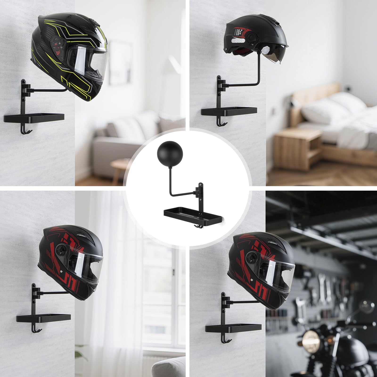 PUERSI Portacasco a Parete, Design Girevole a 180 Gradi, Supporto per Casco per Biciclette da Corsa in Moto con Gancio per Appendere Abbigliamento Sportivo, Giacca, Chiavi