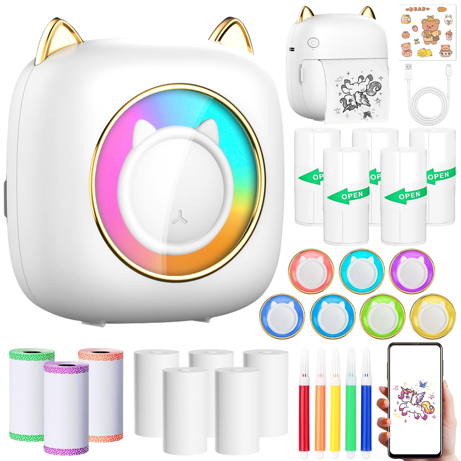 Mini Impresora para Movil, Mini Impresora Termica Fotográficas, Bluetooth Inalámbrico Impresora Térmica con 14 Rollos de Pape, Portátil Impresora Termica,Movil Impresora Fotos,para Fotos Nota