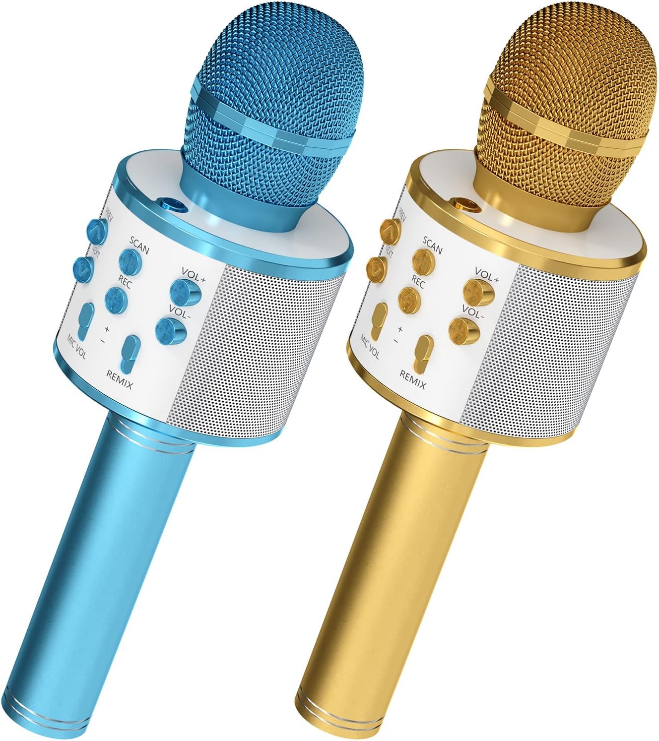 OVELLIC 2 Pack Karaoke Microphone for Kids, Wireless Bluetooth Karaoke Microphone for Singing, Portable Handheld Mic Speaker Machine, Great Gifts Toys for Girls Boys Adult All Age (Blue & Glod)