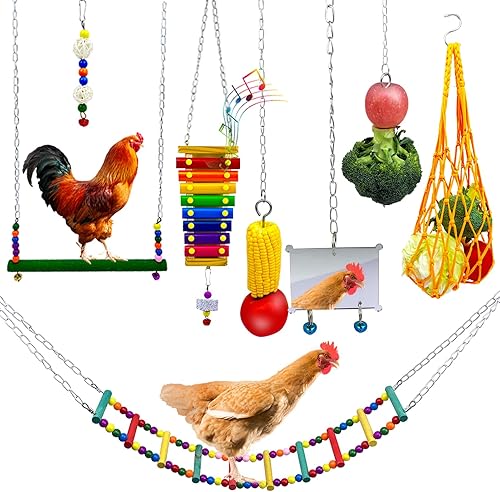 BKDMZZMY Paquete de 8 juguetes de pollo, juguetes de pollo para accesorios de gallinero, columpio de espejo de pollo y xilófono, escalera colorida y