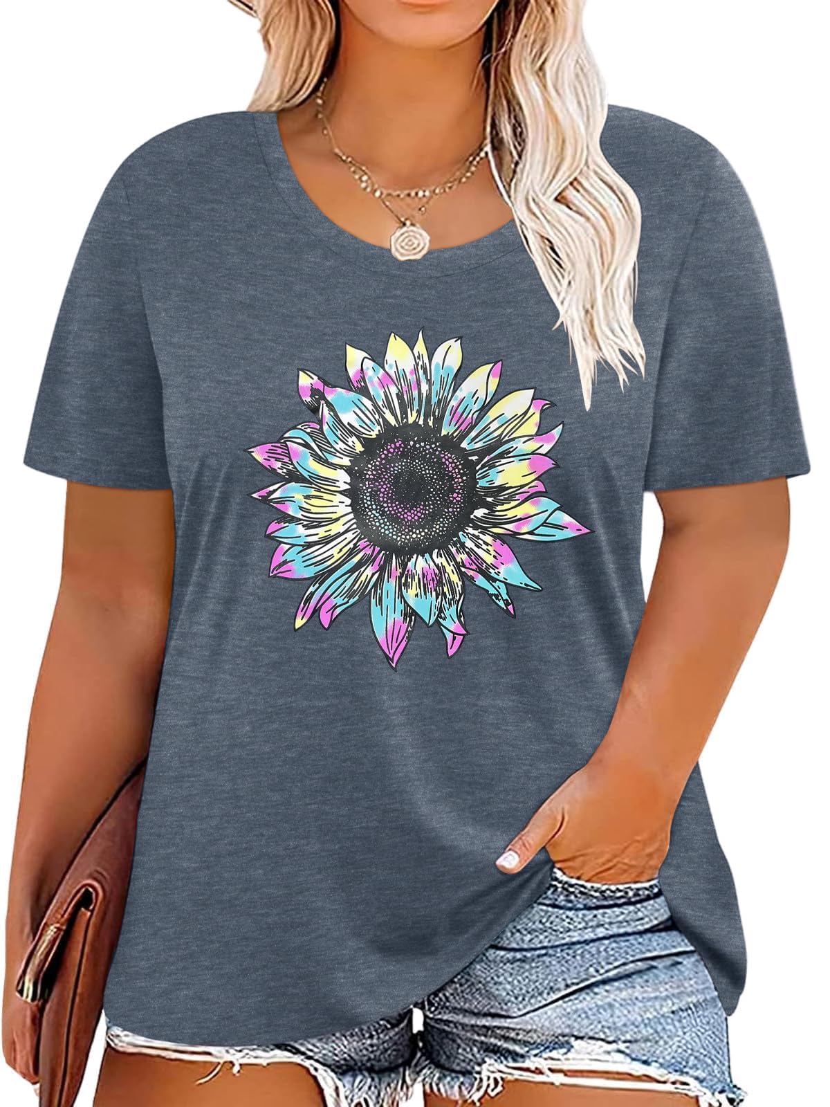 HDLTE Women Plus Size T Shirts Short Sleeve Casual Daisy Shirt Tops Graphic Tees