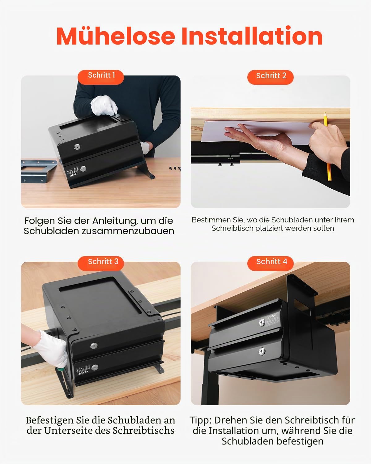 VEVOR Untertisch Schublade 365x335x250 mm, Unterbau Schreibtisch, versteckter 2-lagiger Aufbewahrungs-Organizer, abschließbare Bleistiftschublade für die Untermontage für Sitz-Steh-Arbeitsplätze