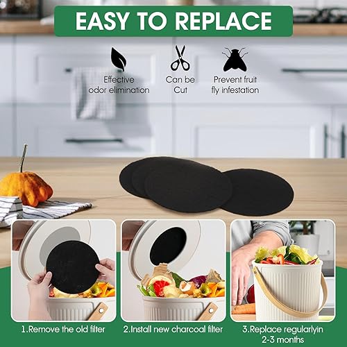 Miniatura 5 de Filtros de carbón para cubo de compost, filtros de compost para contenedor de encimera, repuesto de carbón activado absorbente de olores para