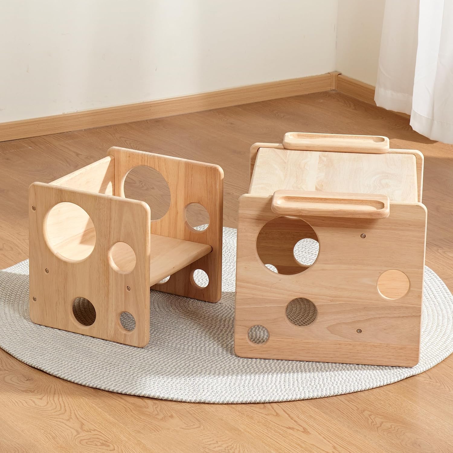 CENXI Montessori Weaning Table and Chair Set for Toddler, Natural Solid Wooden Activity Table Cube Chair for Drawing Reading