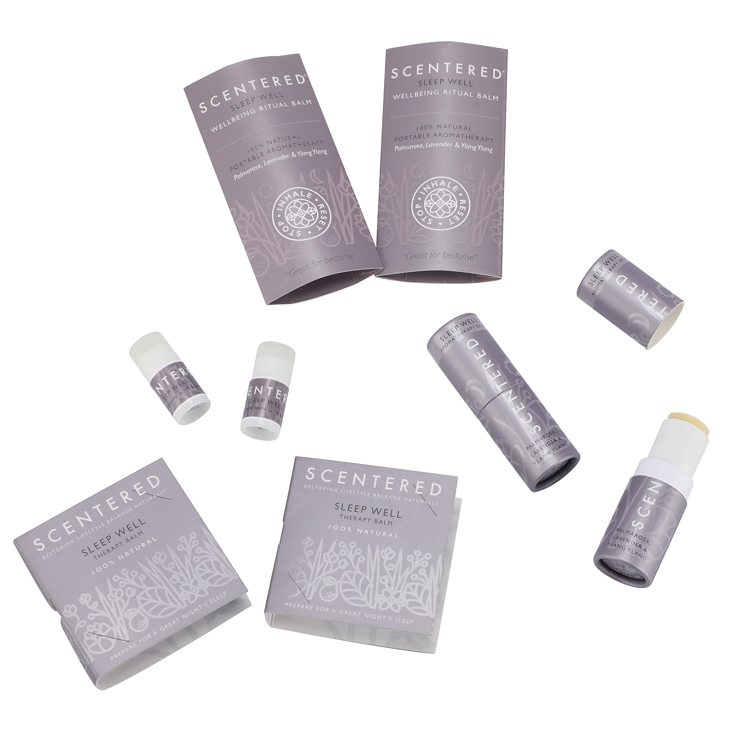 Scentered Sleep Well - Paquete protector de bálsamo de aromaterapia, 2 bálsamos de 5 g y 2 mini bálsamos de viaje para un sueño reparador, aceites esenciales de lavanda, clavo, rosa, manzanilla, ylang