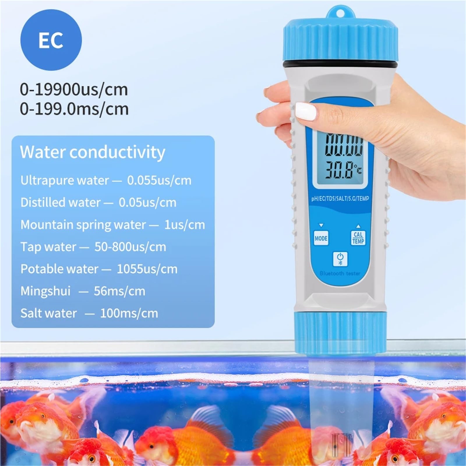 Misuratore TDS Bluetooth 6 in 1, Tester Digitale for Acqua, EC, TDS, Sale, SG, Temperatura, PH, Tester for acquari, Accessori for Piscine