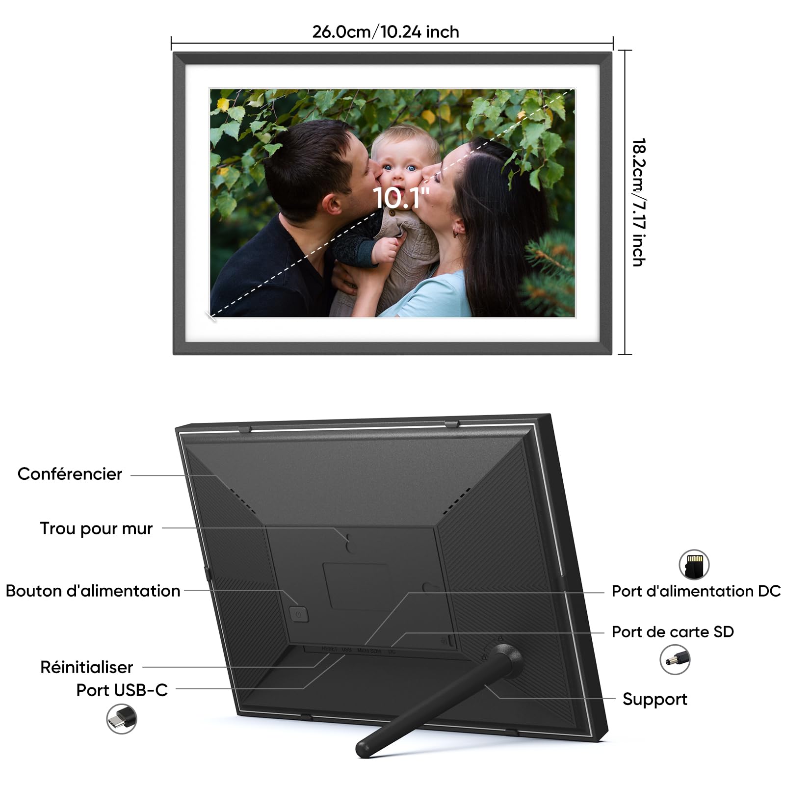 ARZOPA Cadre Photo Numérique 10,1 Pouces HD IPS Écran Tactile Cadre Numérique Photo Connecté WiFi Rotation Auto avec 32GB Partager Photos Vidéos Musique Via Frameo APP Horloge Météo