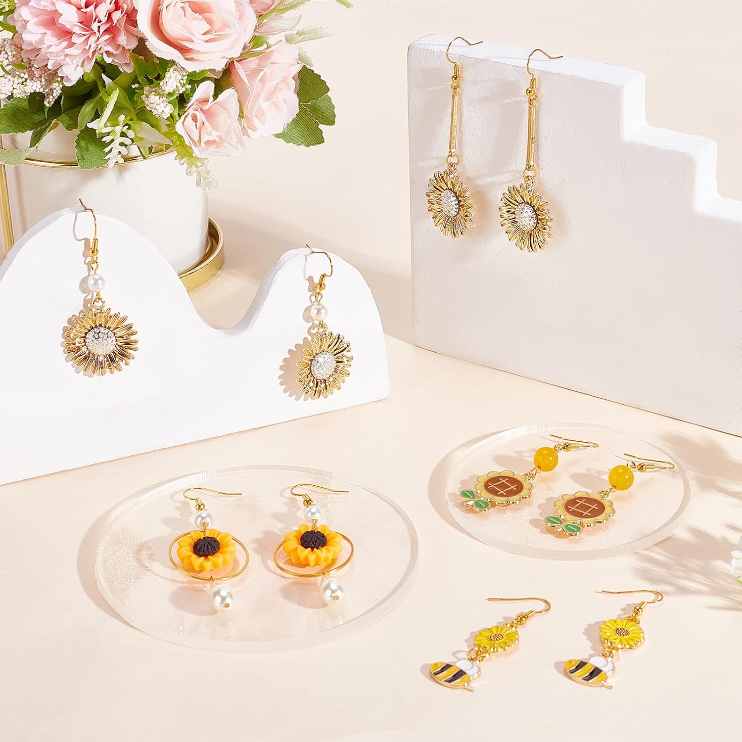 SUNNYCLUE 1 Box 10 Pairs DIY Sunflower Charms Bee Charm Flower Earring Making Kit Daisy Flower Charms Glass Beads Findings for Jewelry Making Starter Kit Women Beginners Earrings Supplies Craft