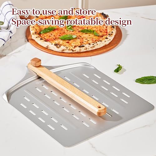 Vista 5 de Cortador de pizza y juego giratorio de cáscara de pizza de 12 pulgadas, cáscara de aluminio anodizado con mango de madera, incluye protector