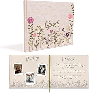 Linen Embroidered Photo Wedding Guest Book - Premium Hardcover Pink Pola...