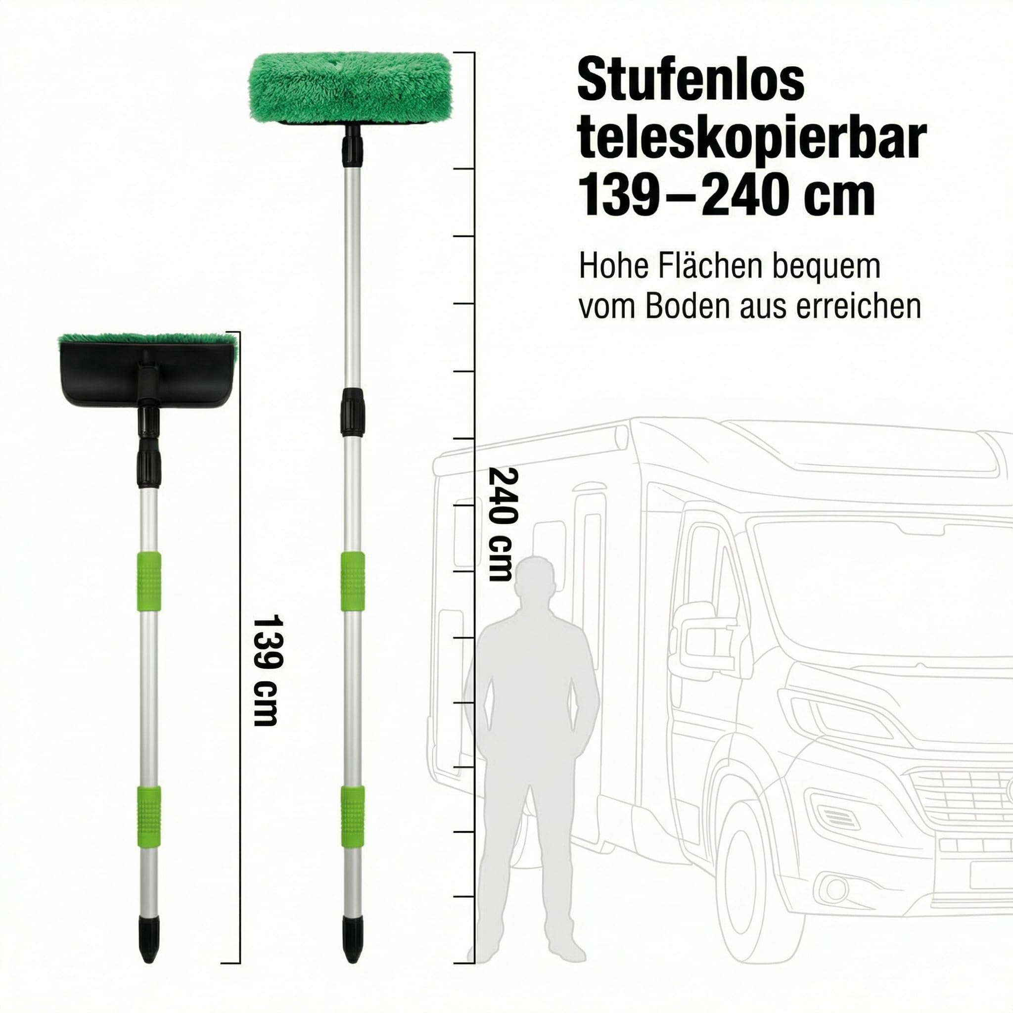 Richter Chemie Teleskop-Waschbürste mit Wasseranschluss, 139–240 cm | Stufenlos verstellbar, Stop-Ventil, Weiche Borsten, Aluminiumstiel mit Softgriff, für Wohnmobil, Boot, LKW & Solarpanel