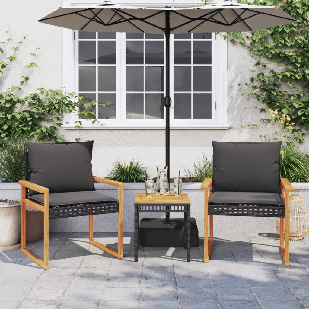 Ensemble de Bistro 3 pcs et Coussins Noir résine tressée Acacia,Ensemble Bar De Jardin,Ensemble De Bar D'Extérieur,Mobilier De Jardin
