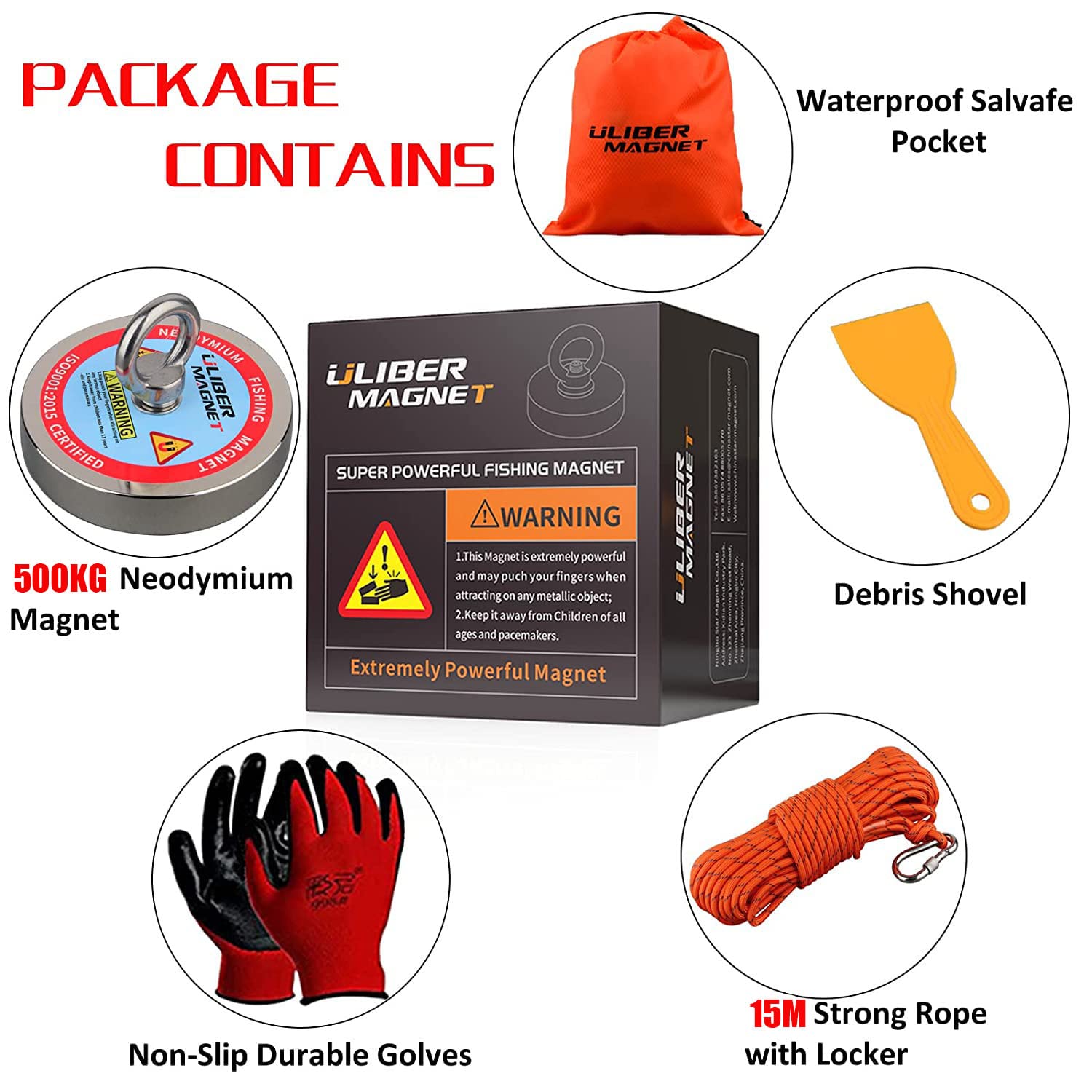 Kit da pesca magnetico 500 kg Forza di trazione verticale magnetica, forte magnete al neodimio N52 con corda resistente da 15 m,magnetico per recuperare tesori nei fiumi..