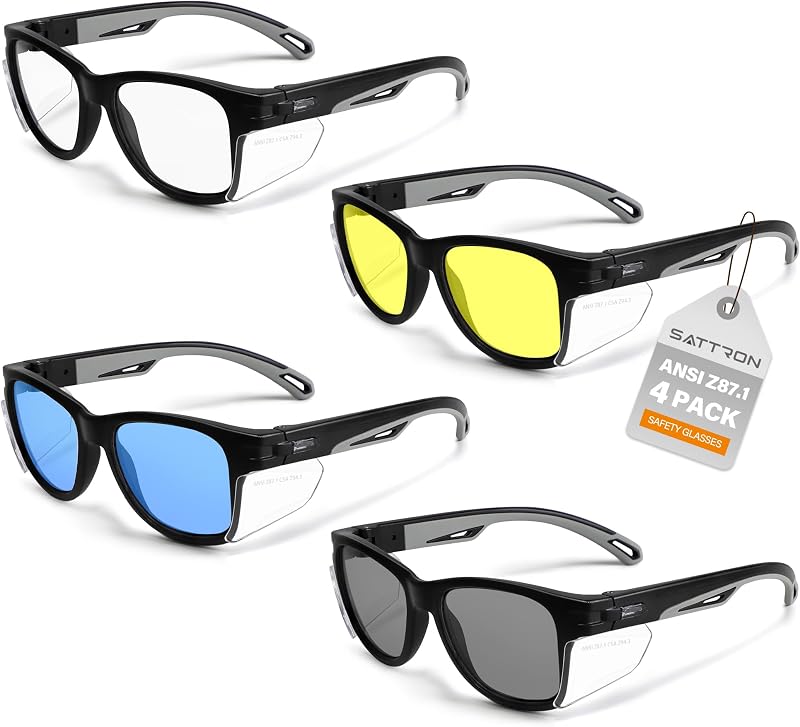 Safety Glasses 4 Pack with Side Shields Safety Goggles Anti-Fog ANSI Z87.1 UV Protection Scratch & Impact Resistant Protective Eyewear for Construction Work 4Pcs（Clear, Gray, Amber, Blue Lens）