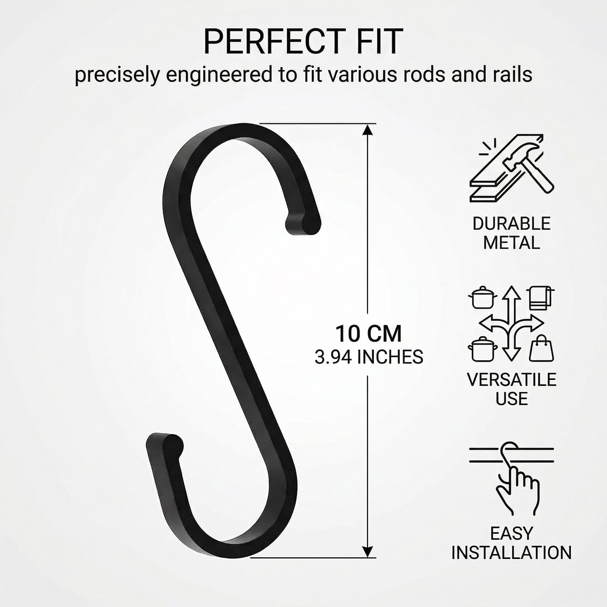 10 Ganci Appendiabiti S in Ferro, Ganci a S Piatti da 10cm, Ideali per Negozi di Abbigliamento, Camera da Letto, Bagno, Cucina, Nero