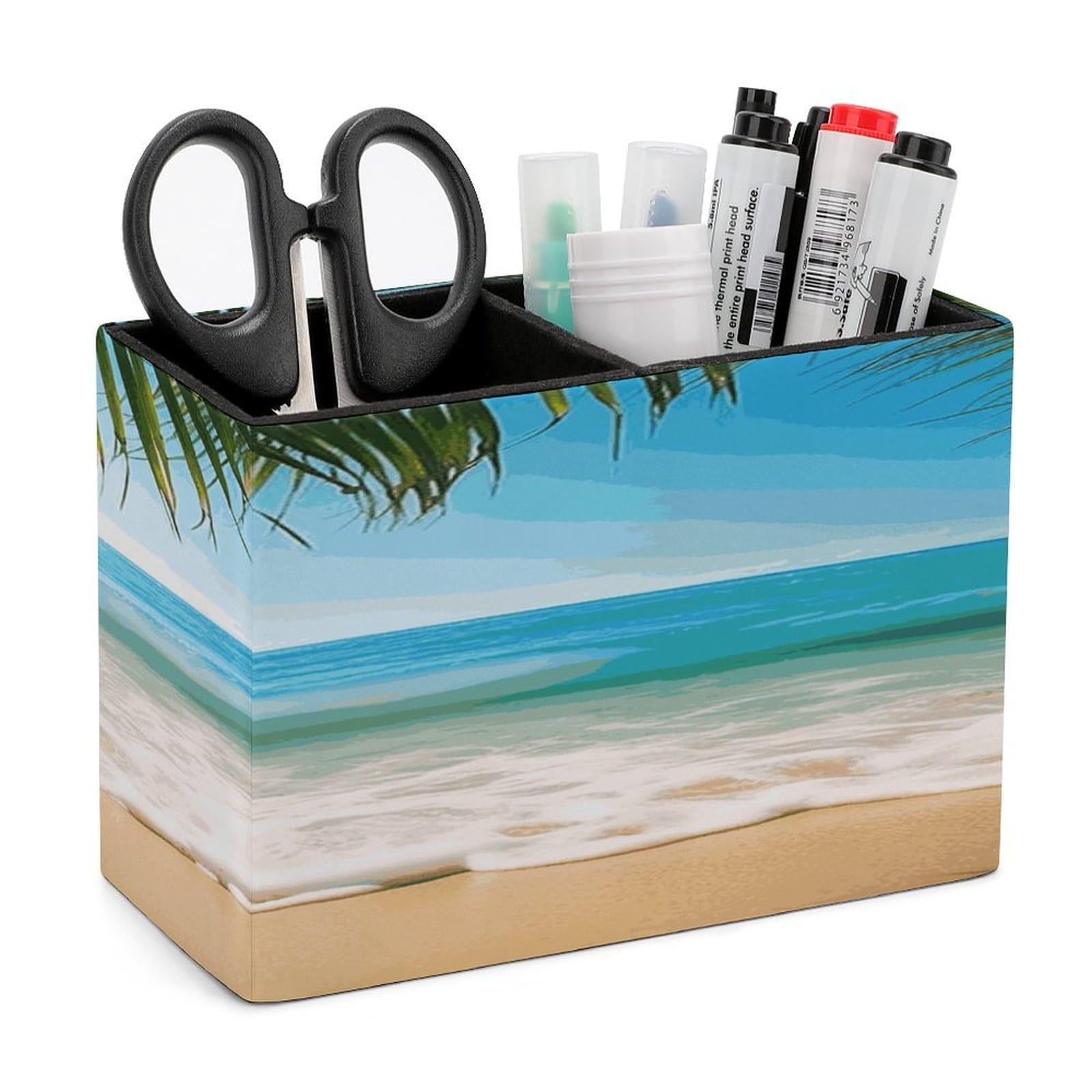 FekiLoot Ocean Sea Beach Palm Leaves Leather Pen Holder for Desk Double Compartments Brush Minimalist PU Leather Pencil Holder Locker Organizer for Work Locker Accessories Pencil Cup for Desk