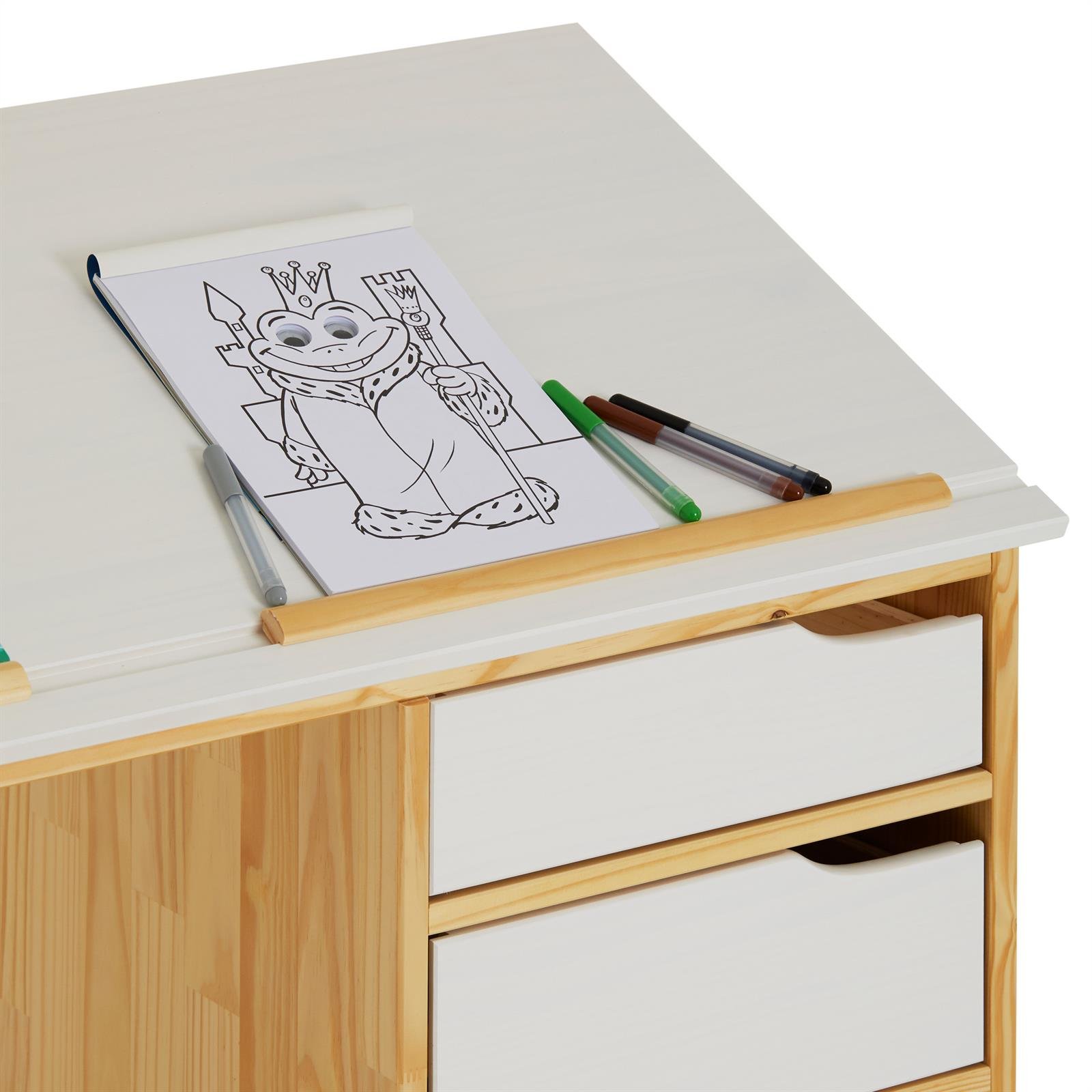 IDIMEX Bureau Enfant Emma Bureau avec Rangement 4 tiroirs et Plateau inclinable, Style scandinave, en pin Massif Naturel et Blanc