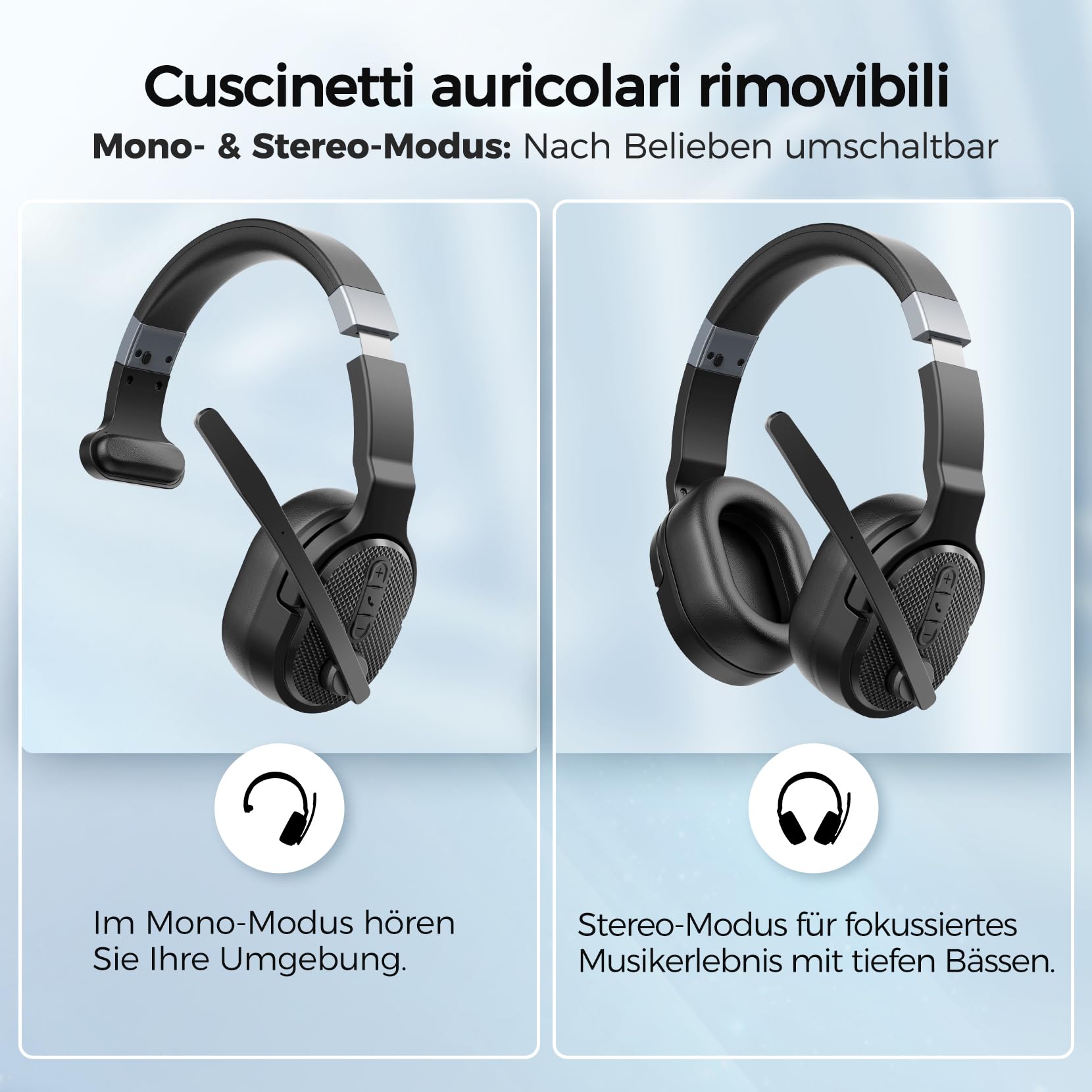 COSMUSIS Bluetooth Headset mit Mikrofon, 50 Std. Akkulaufzeit Wireless Headset Kabellos, Bluetooth Kopfhörer mit Mikrofon und abnehmbare Ohrkissen, Noise Cancelling Kopfhörer mit Stummschalt-Taste