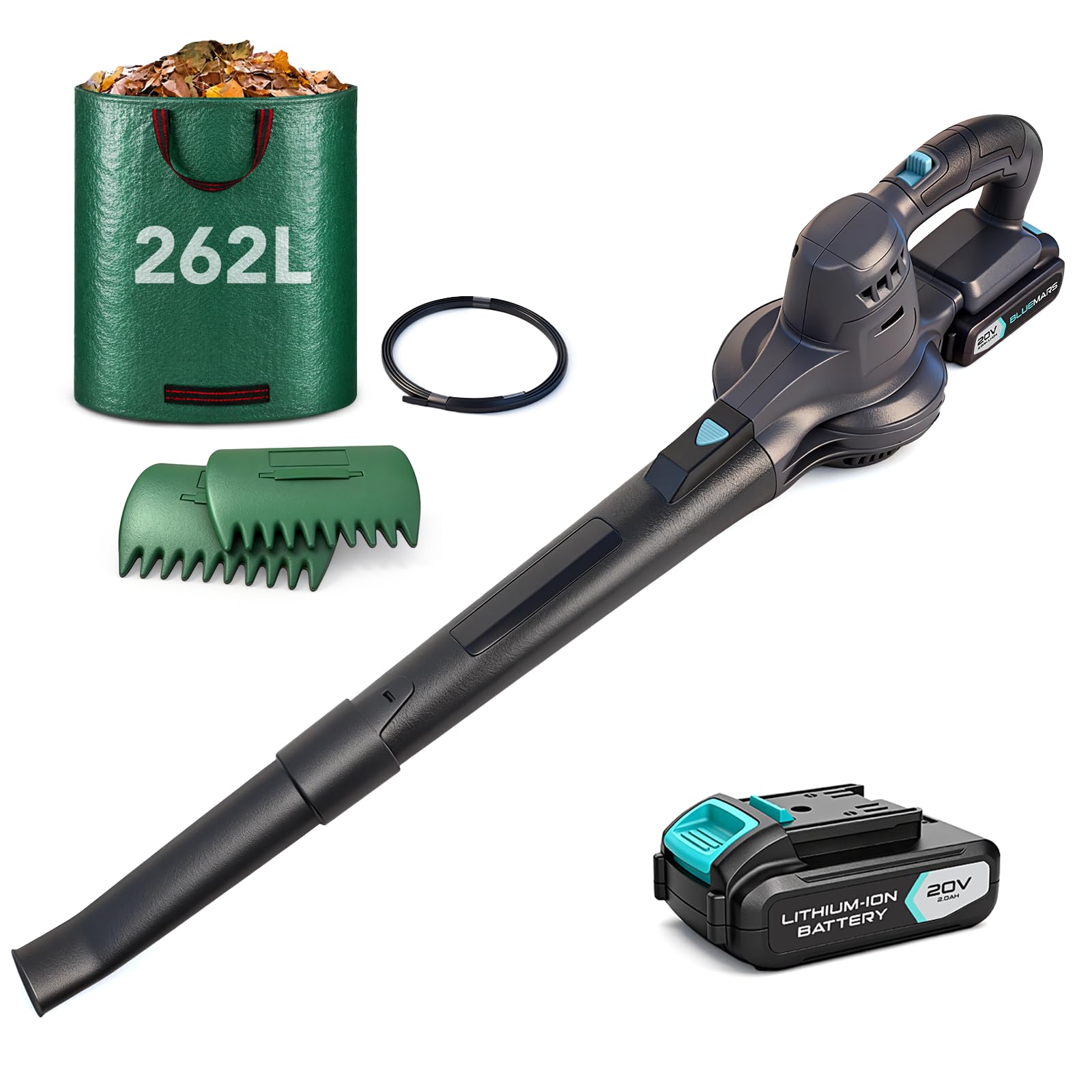 BlueMars Lightweight Cordless Leaf Blower for Gardens, Patios, Driveways,w/ 20V Battery, Charger,Minimal Noise and Vibration,Inclu. Garden Leaf Grabbers & 262L Garden Waste Bag,Blowing Leaf/Snow/Dust