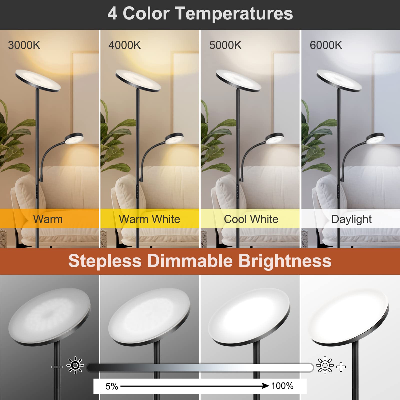 OUTON Lámpara de Pie LED, 34W, Regulable, con 6 Modos,3000-6000K con Control Remoto y Táctil y Temporizador de 1 Hora, de Salón de Lectura para Dormitorio, Oficina, Negro