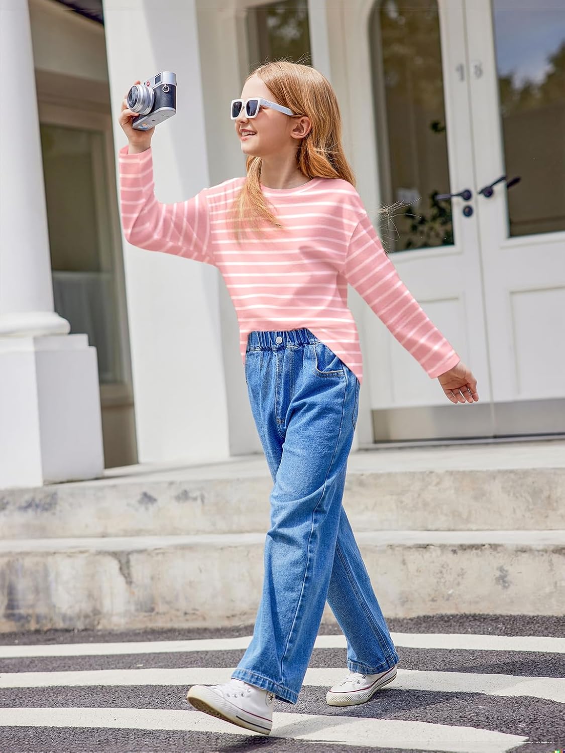 Arshiner Girls Striped Long Sleeve Shirts Drop Shoulder Casual Fashionable Crewneck Blouse Tee Tops - Image 5