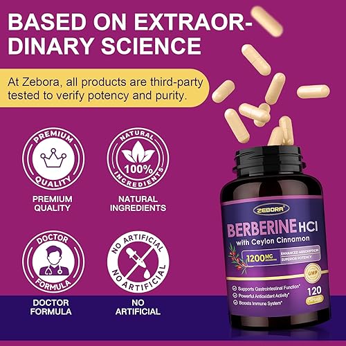 Miniatura 7 de ZEBORA Berberina HCL prémium 1200 mg, suplemento de berberina con canela de Ceilán, ALA y ácido cáprico, apoya el sistema inmunológico,