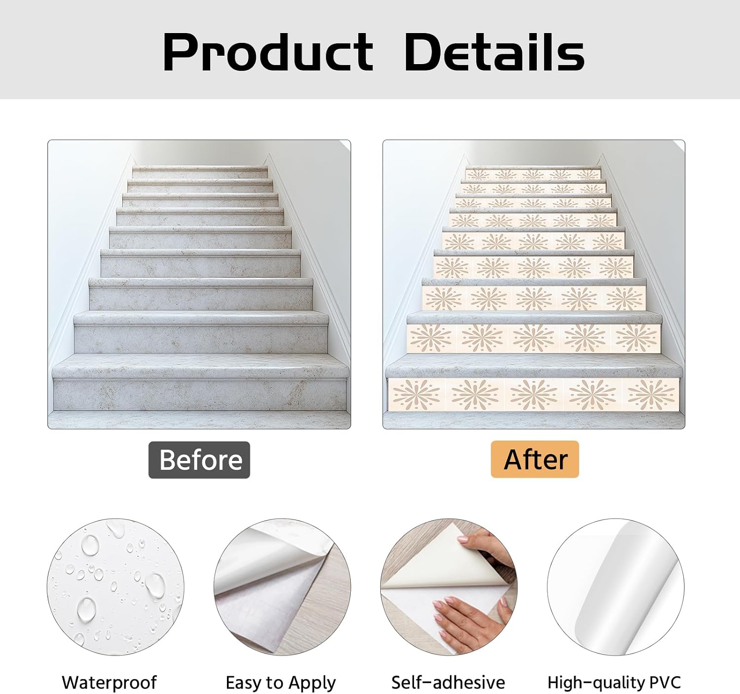 PLIGREAT 15 Pcs Boho Floral Stair Riser Decals, Peel and Stick Stair Stickers for Steps 7.1"x39" Self-Adhesive Vinyl Modern Style Staircase Murals Decor for Home Hotel