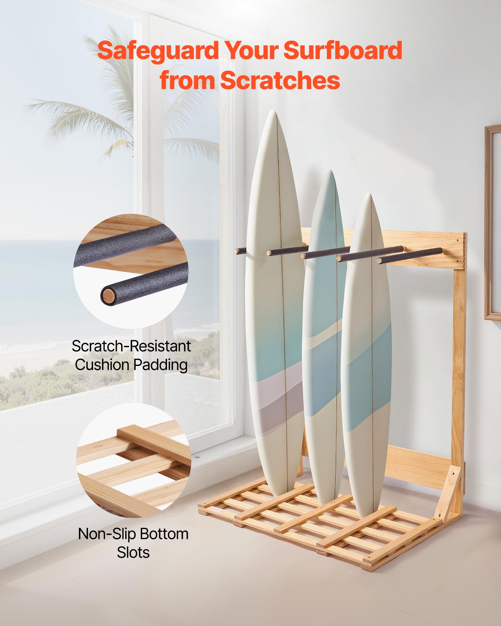 VEVOR Soporte Vertical para Tablas de Surf, Estante de Madera de 4 Niveles para Almacenamiento y Exhibición