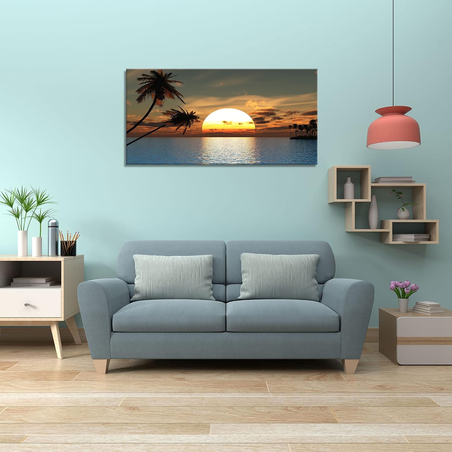 DZL Art S75662 Sunset Coconut Palm Trees Canvas Wall Art Palm Trees on the small island Tropical Scenery Nature Canvas prints Pictures for Living Room Home Office Wall Decor Artwork