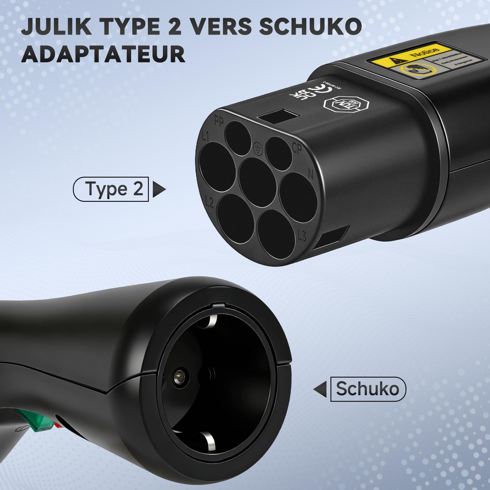 JULIK Adaptateur Type 2 vers Schuko 16A 3,7 KW – Adaptateur Wallbox AC avec Électronique Start/Stop & Déverrouillage – pour Bornes de Recharge Type 2 (IEC 62196-2)