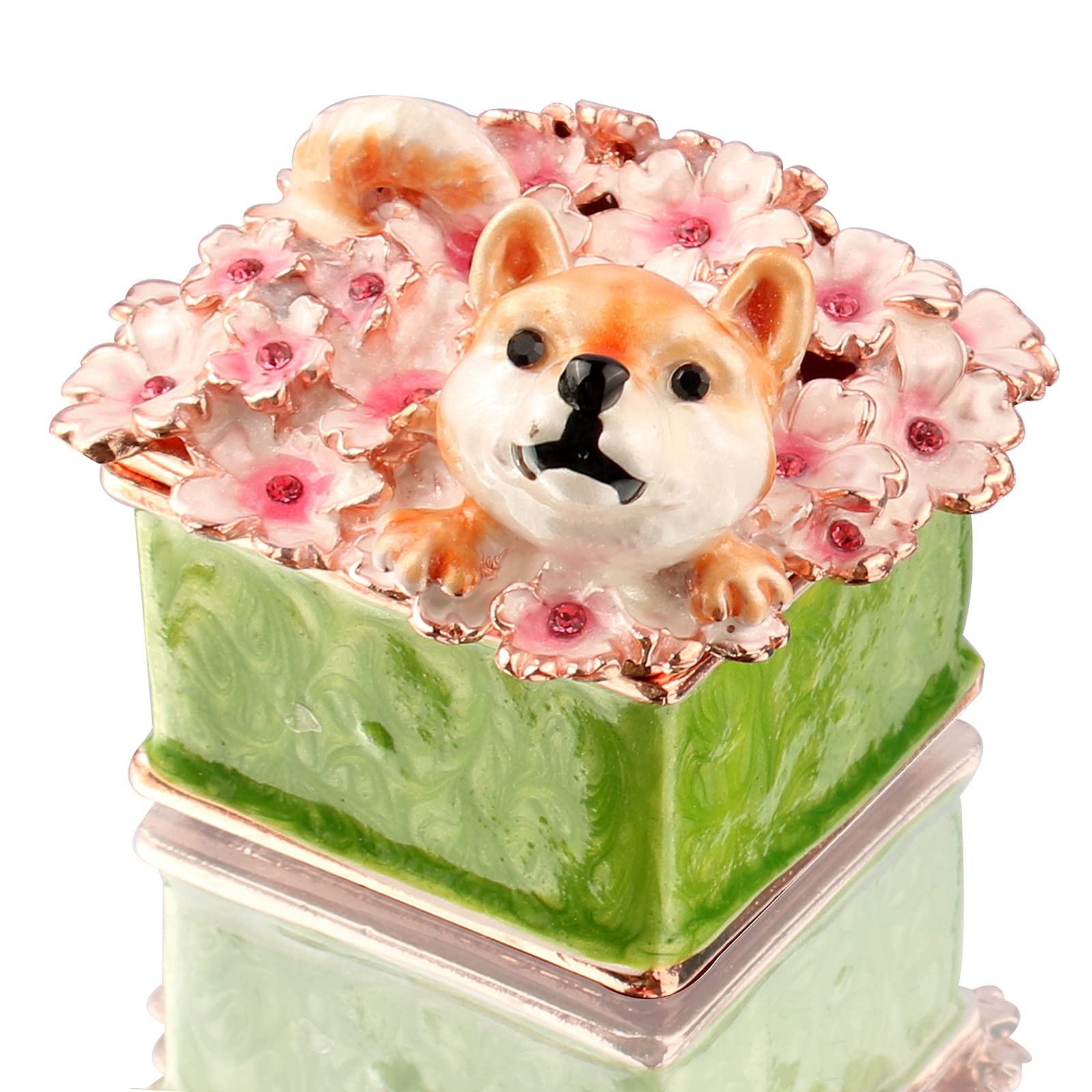 Bonakula Green Puppy Dog Trinket Box Cherry Blossoms Animal Figurine Keepsake Craft Home Office Decor Collectible (Green)