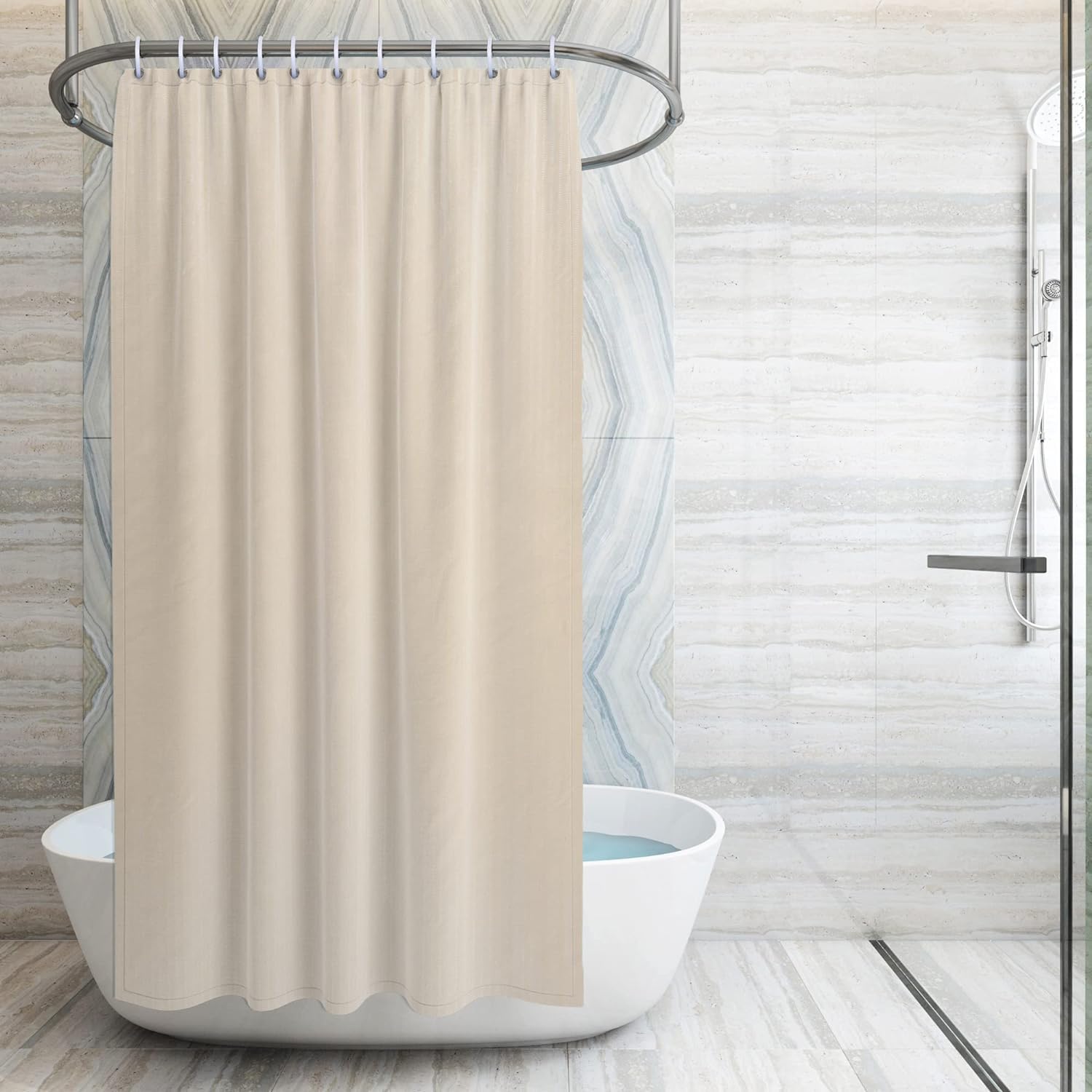 MONKDECOR Self Stripe Plain Design PVC Shower Curtain with Hooks 7 ft Cream Waterproof Bathroom Curtain Long Size Durable Mold Resistant Easy Clean Modern Bath Decor-image-19