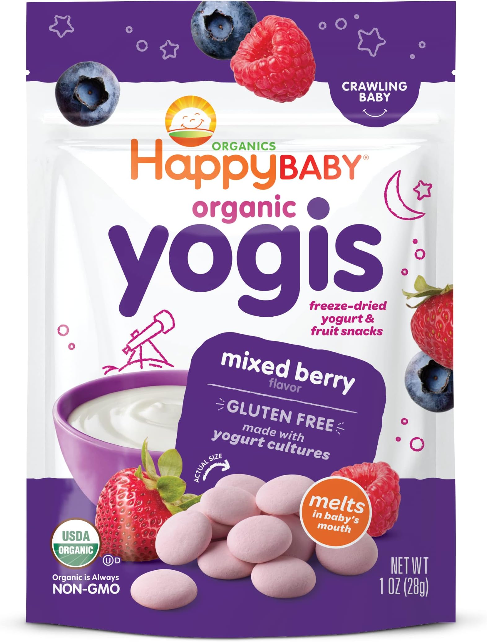 Happy Baby Organics Yogis Freeze-Dried Yogurt & Fruit Snacks, Mixed Berry, 1 Ounce (Pack of 1)