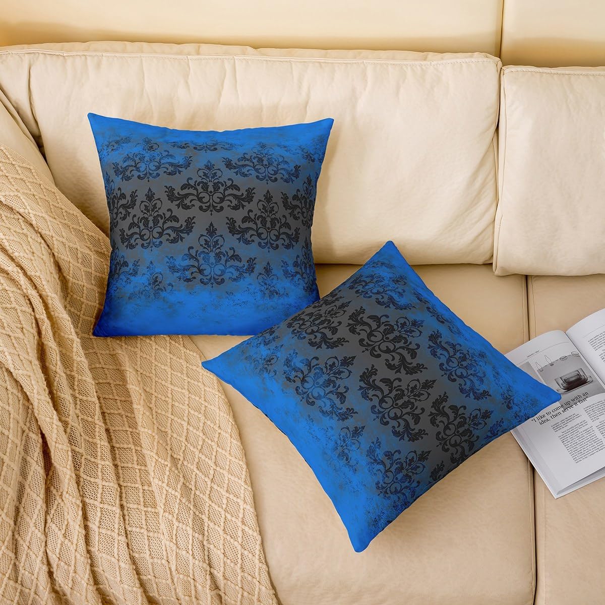 Feelyou Jacquard Pillow Cases Cushion Covers Black Damask Throw Pillow Covers 24"x24" Soft for Kids Boys Girls Teens Abstract Decorative Throw Pillowcases Blue and Black Cushion Cases