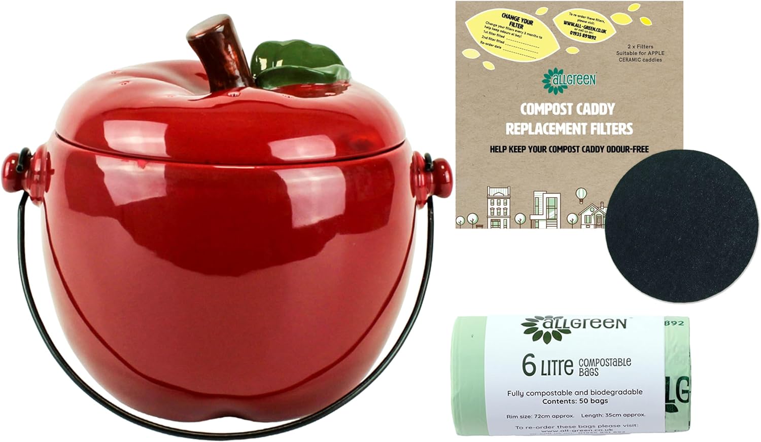 Red Apple Ceramic Compost Caddy/Kitchen Food Waste Bin (3.5 Litre) & 50 ...