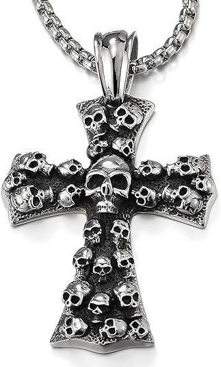 COOLSTEELANDBEYOND Mens Large Gothic Vintage Skulls Cross Pendant Necklace of Steel, Wheat Chain