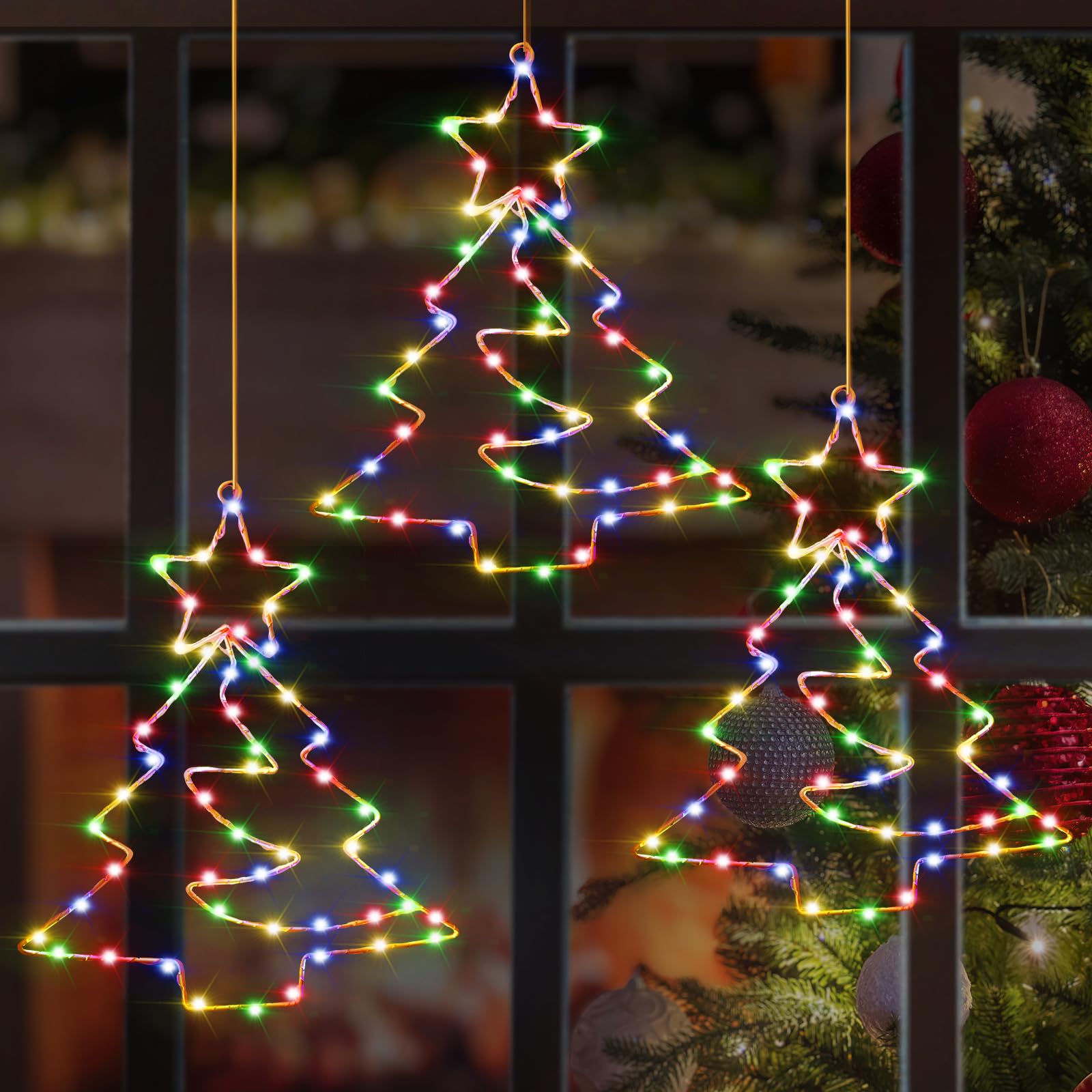 3 luces para ventanas navideñas, 55 LED, iluminación de árbol de Navidad, 8 modos de iluminación con mando a distancia para interiores y exteriores, decoración navideña (multicolor)