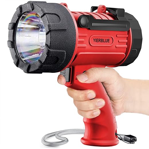 YIERBLUE Rechargeable Spotlight Flashlight with 150000 Lumen LED, IP67 Waterproof Long Running Spot Light searchlight, Impact Resistant Handheld Spotlight with Foldable Stand and Detachable Red Lens